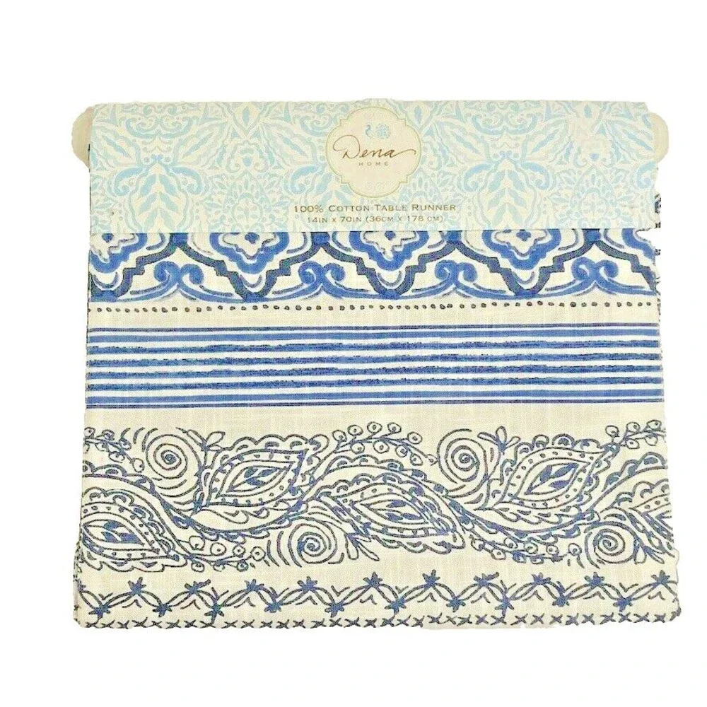 Dena Home Paisley Table Runner Reversible Navy Blue 100% Cotton 14X70